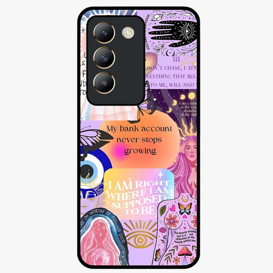 Manifestation Collage Glass Case showing flat back view with motivational collage artwork and glossy glass finish.