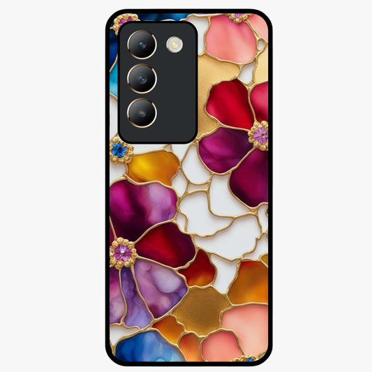 Marble Flower Pattern Glass Case showing flat back view with marble texture floral artwork and glossy glass finish.