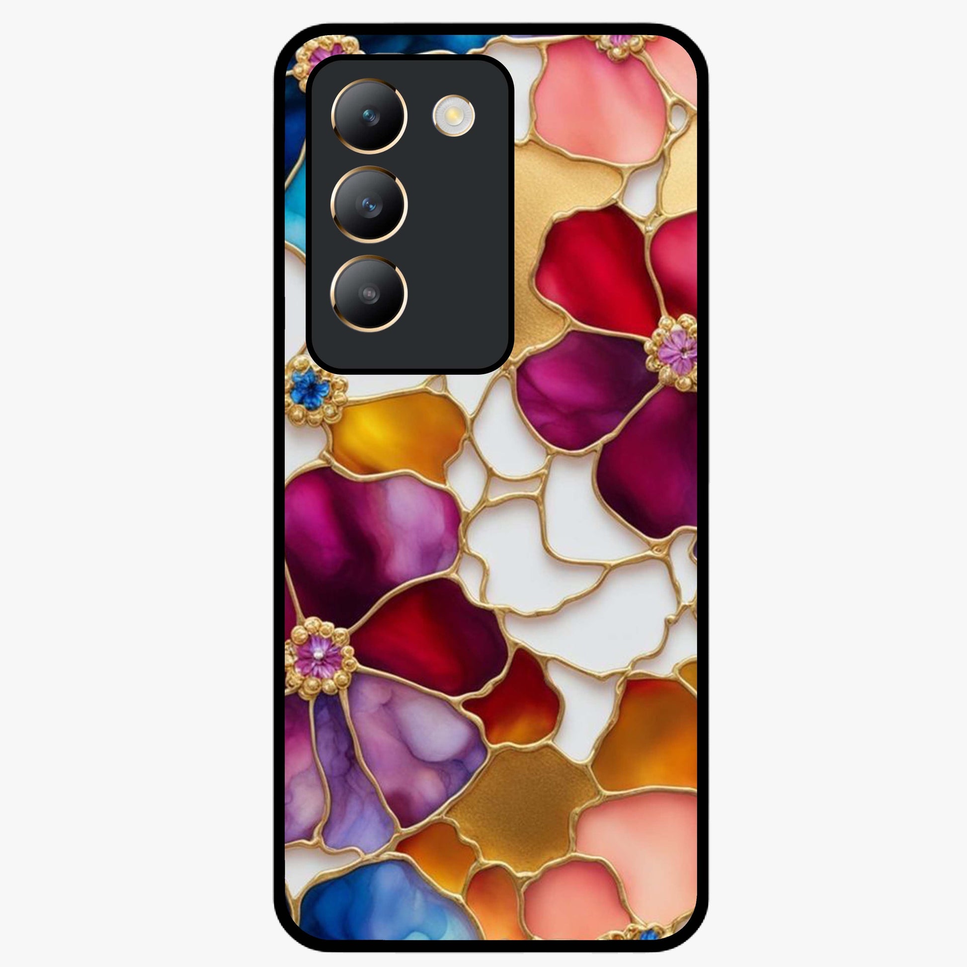 Marble Flower Pattern Glass Case showing flat back view with marble texture floral artwork and glossy glass finish.