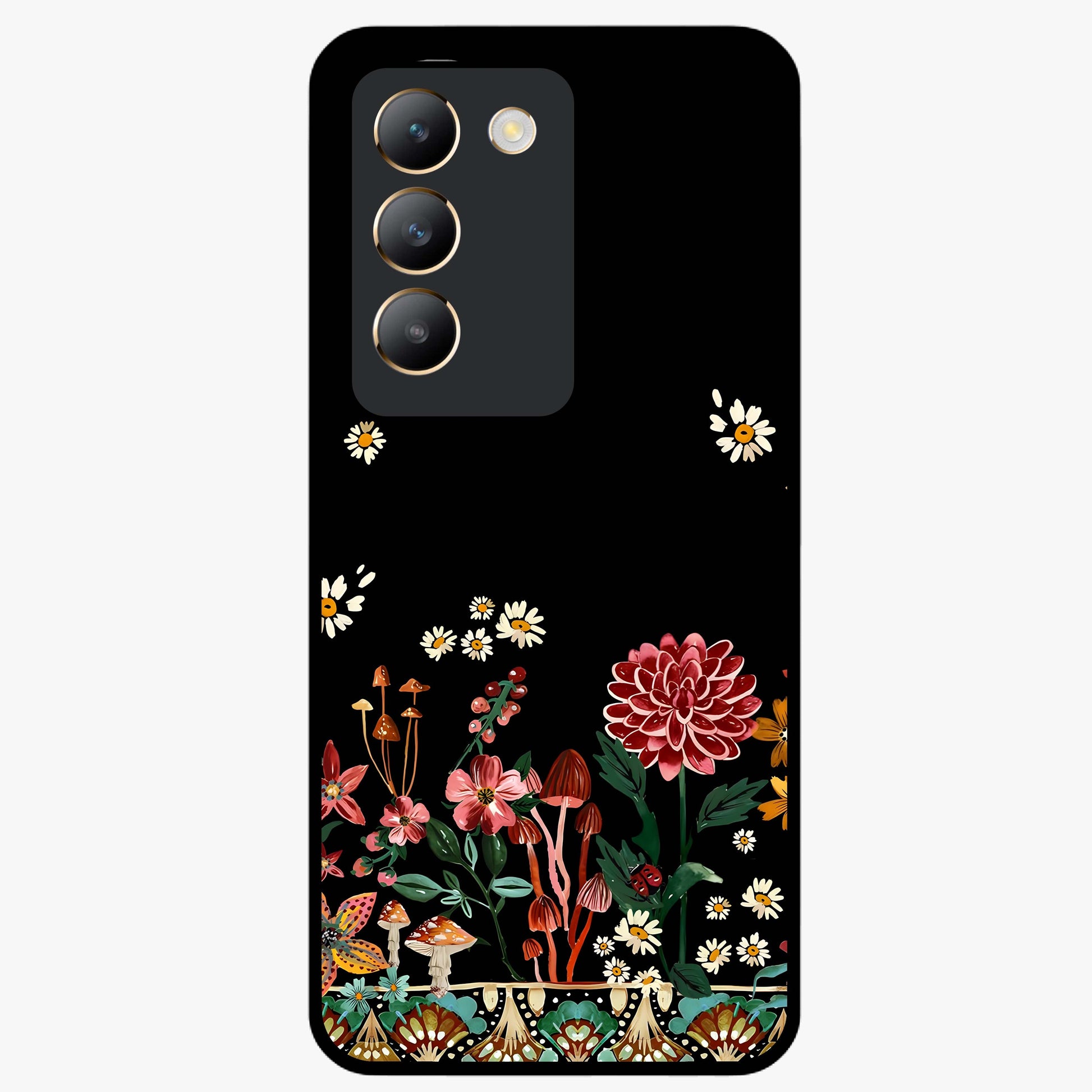 Midnight Bloom Pattern Glass Case showing flat back view with dark floral pattern artwork and glossy glass finish.