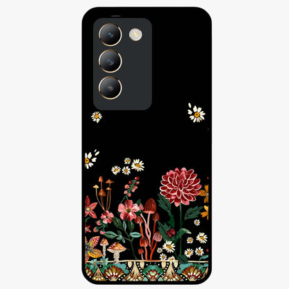 Midnight Bloom Pattern Glass Case showing flat back view with dark floral pattern artwork and glossy glass finish.