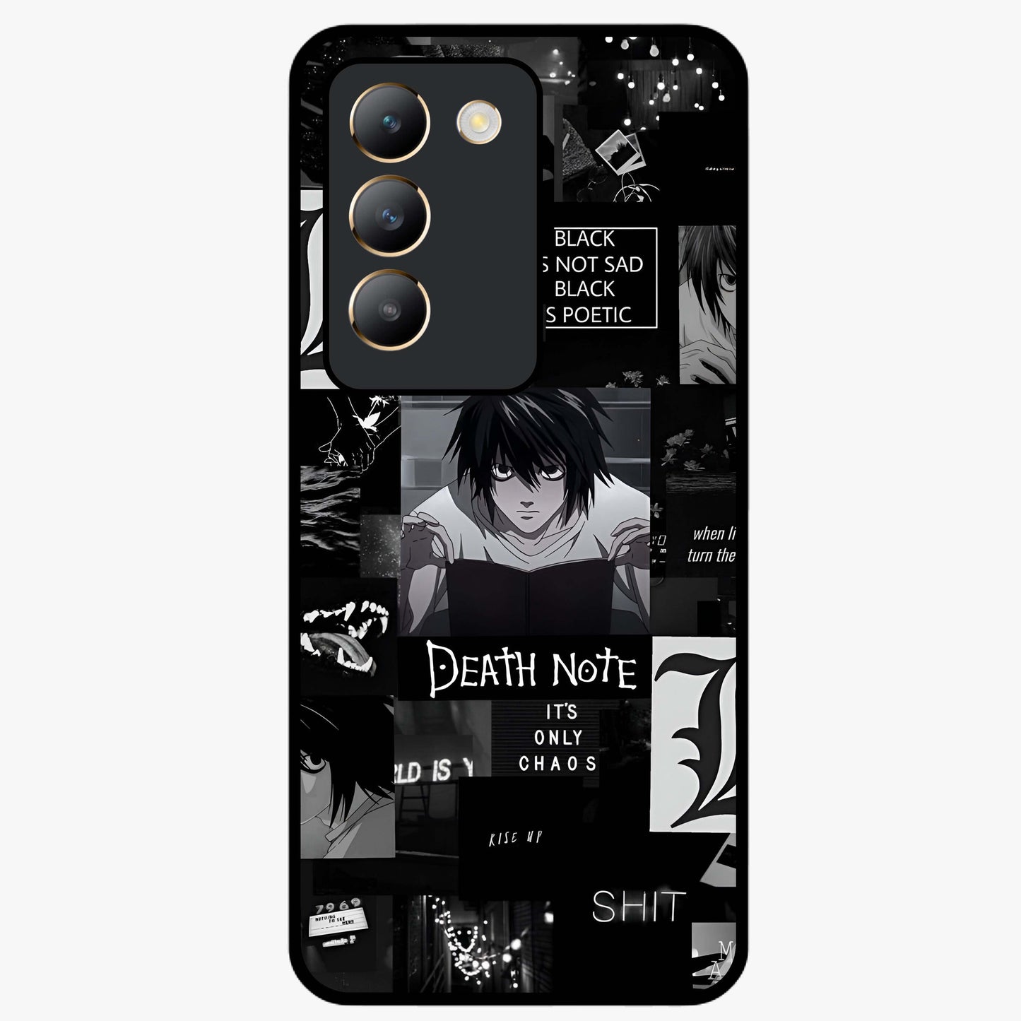 Midnight Chaos Mind Glass Case showing flat back view with abstract dark themed artwork and glossy glass finish.