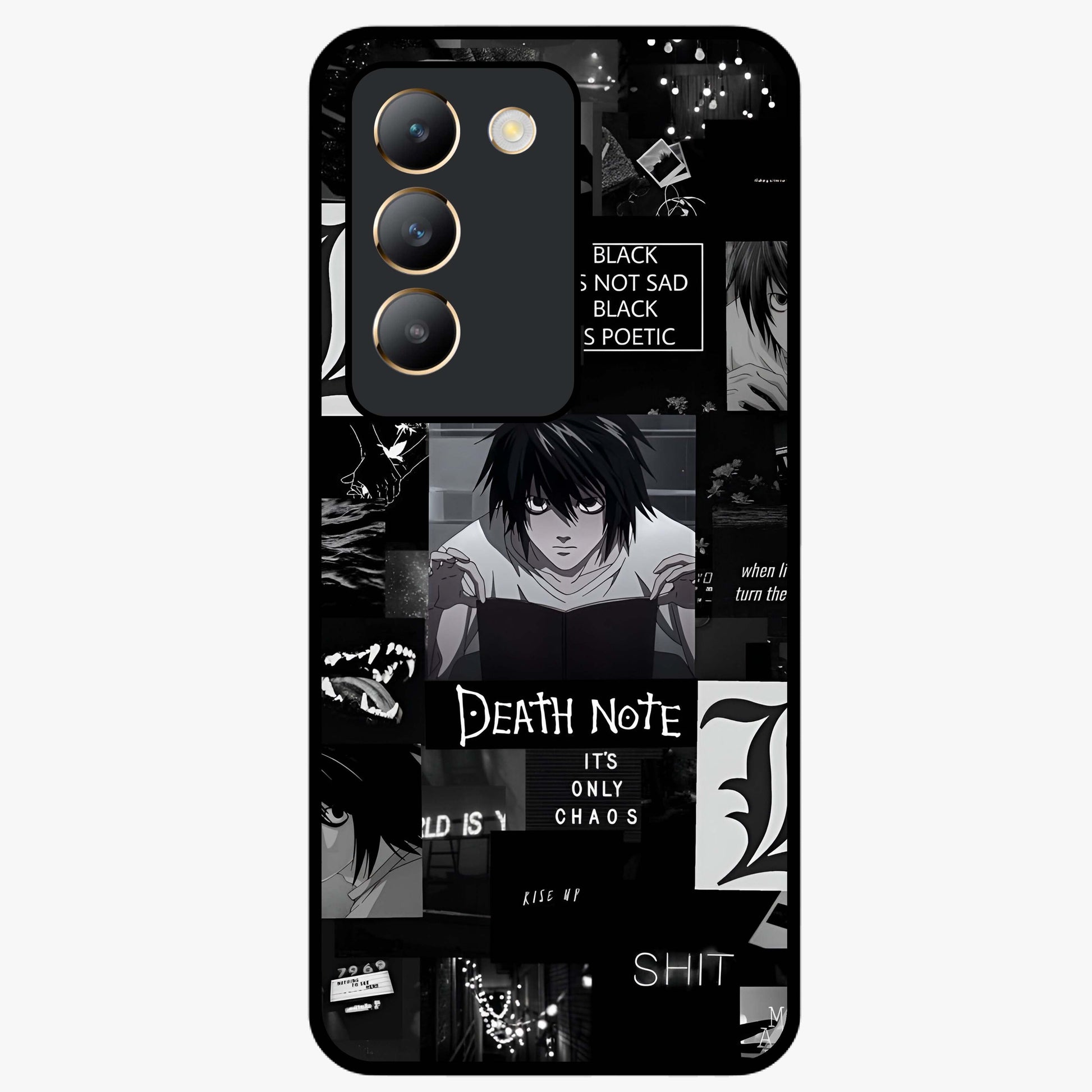 Midnight Chaos Mind Glass Case showing flat back view with abstract dark themed artwork and glossy glass finish.
