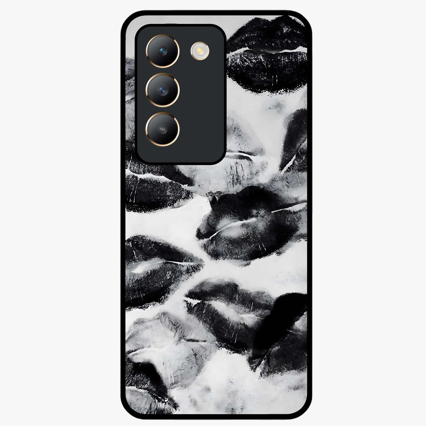 Midnight Kiss Marks Glass Case showing flat back view with lipstick kiss mark artwork and glossy glass finish.