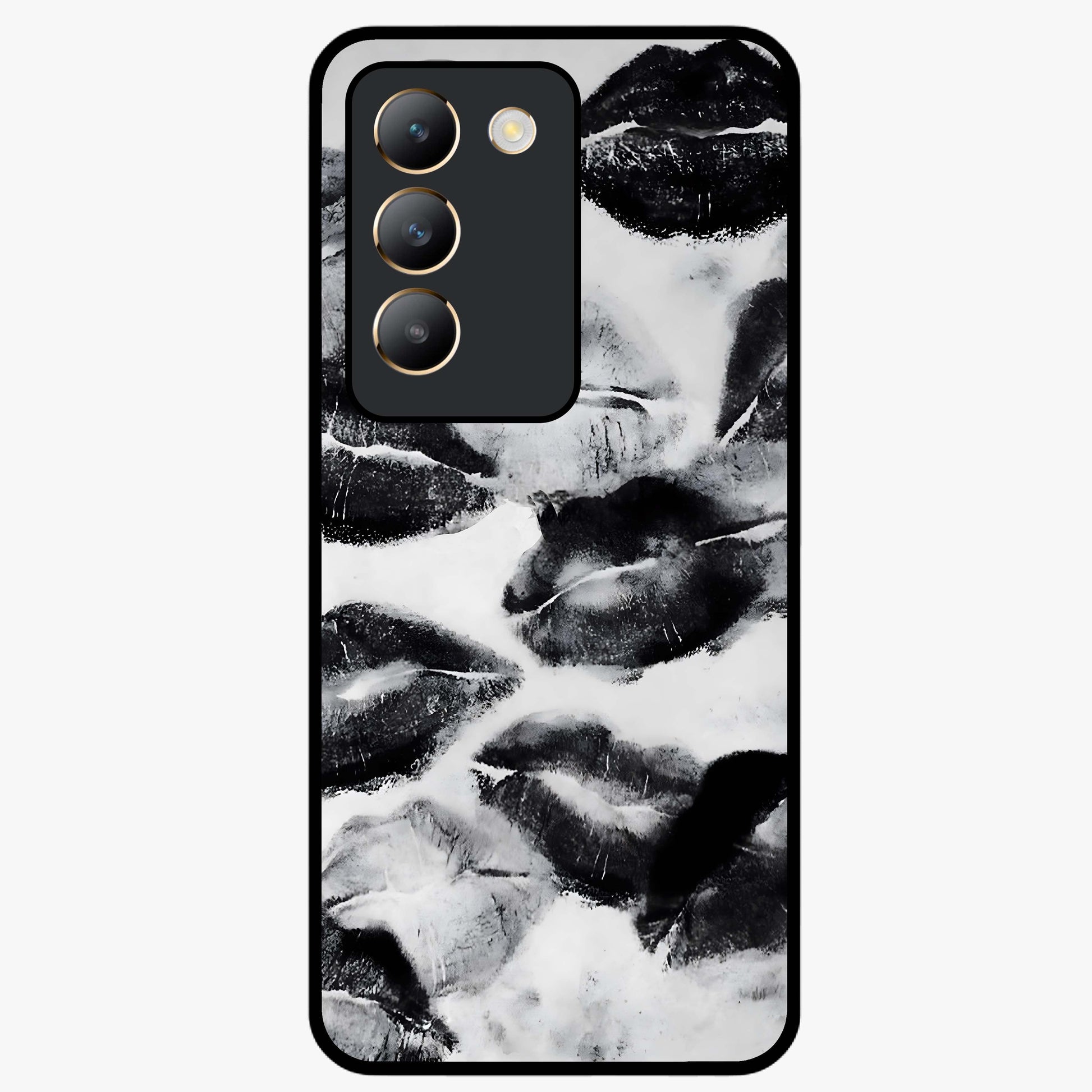 Midnight Kiss Marks Glass Case showing flat back view with lipstick kiss mark artwork and glossy glass finish.