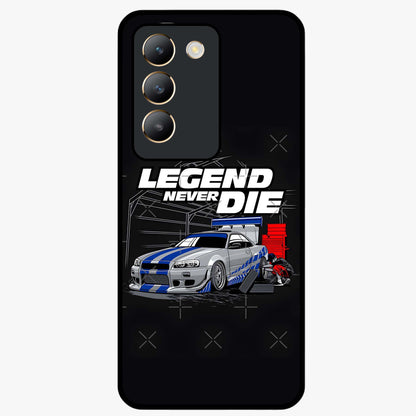 Midnight Racing Legacy Glass Case showing flat back view with sleek racing inspired artwork and glossy glass finish.