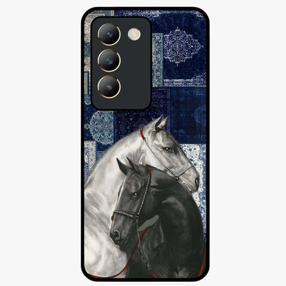 Midnight Stallion Blues Glass Case showing flat back view with majestic horse artwork and glossy glass finish.