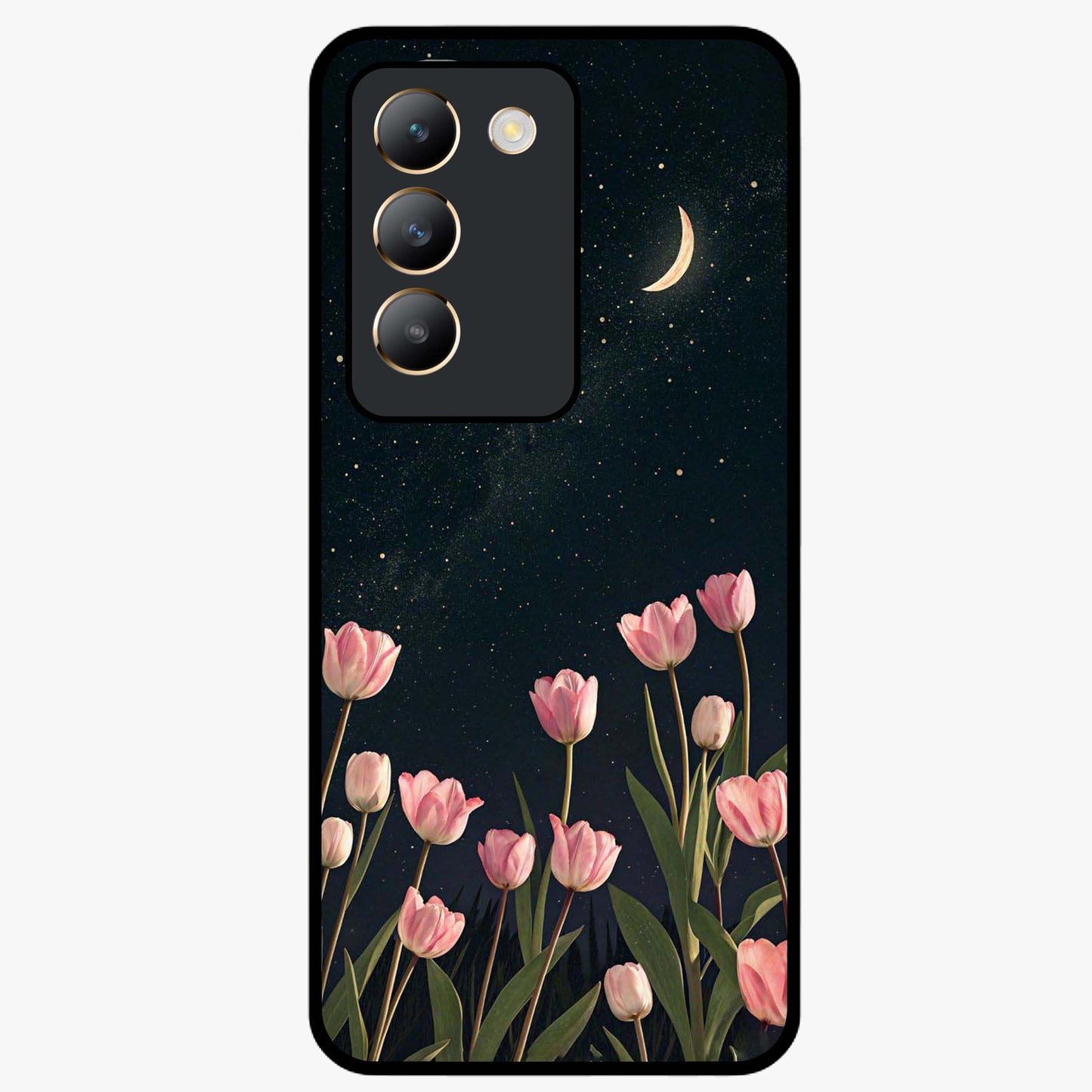 Midnight Tulip Whispers Vibe Glass Case showing flat back view with elegant tulip flower artwork and glossy glass finish.