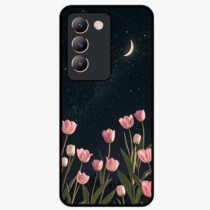 Midnight Tulip Whispers Vibe Glass Case showing flat back view with elegant tulip flower artwork and glossy glass finish.