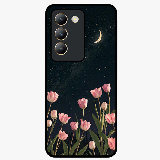 Midnight Tulip Whispers Vibe Glass Case showing flat back view with elegant tulip flower artwork and glossy glass finish.