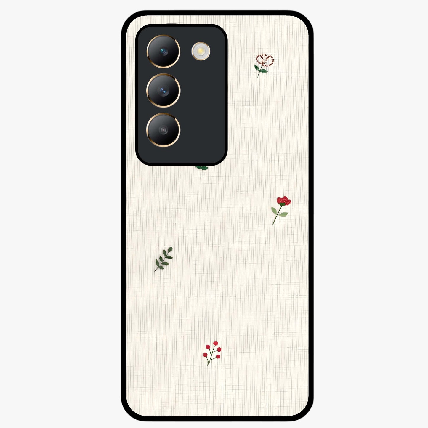 Minimal Petal Whispers Glass Case showing flat back view with soft minimal floral artwork and glossy glass finish.