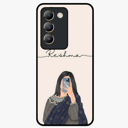 Mirror Mood Muse With Custom Name Glass Case showing flat back view with stylish mirrored artwork and personalized name design.
