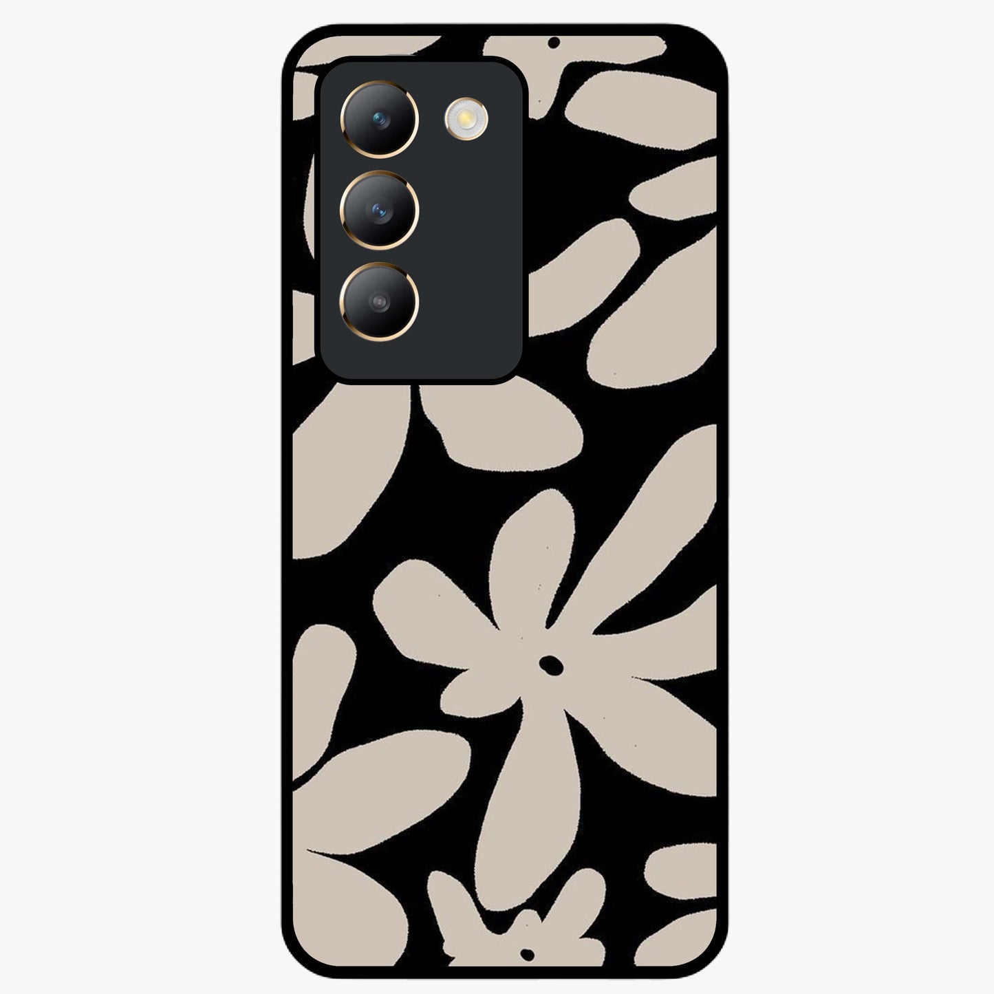 Monochrome Petal Dance Glass Case showing flat back view with monochrome floral artwork and glossy glass finish.