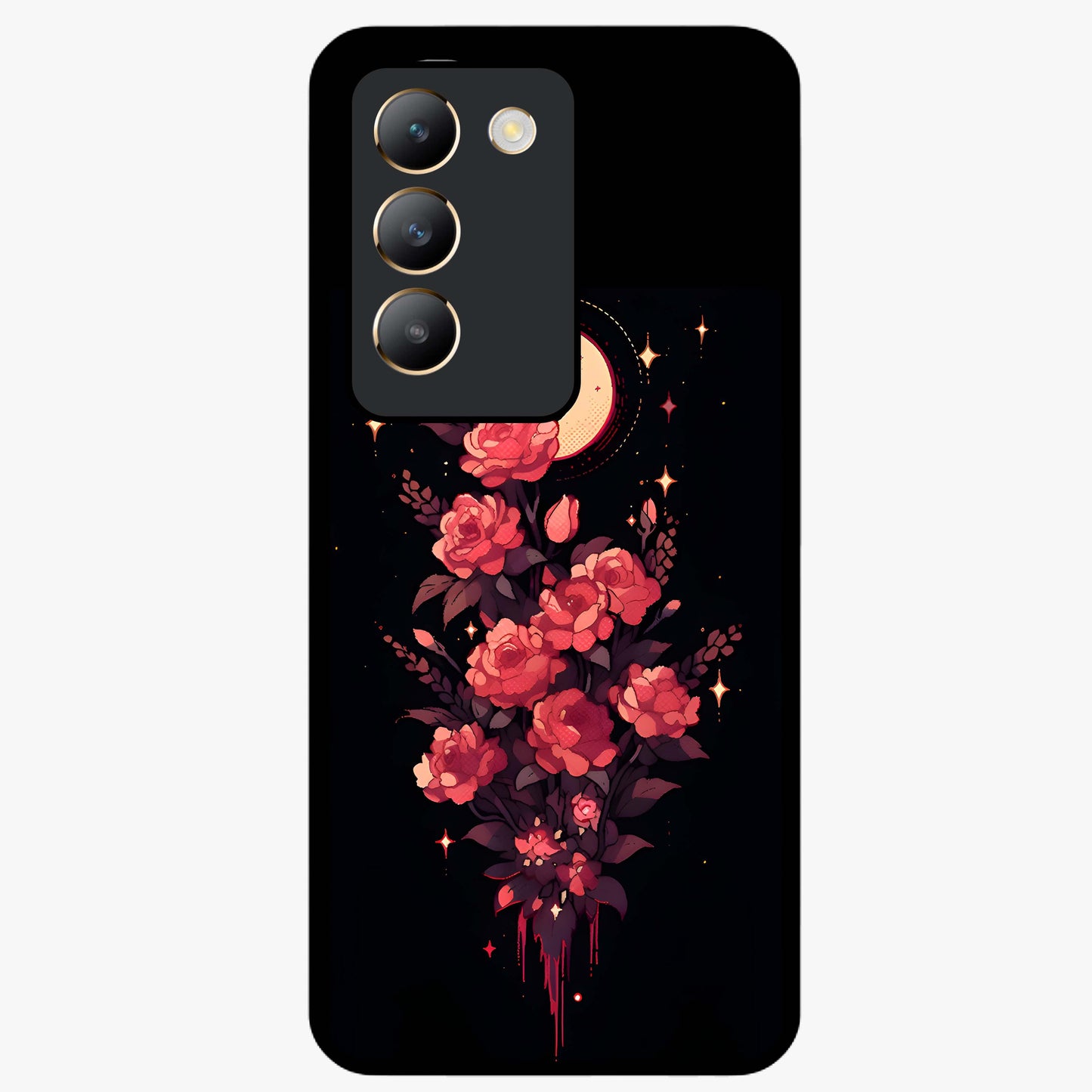 Moonlit Floral Elegance Glass Case showing flat back view with elegant floral artwork under moonlit tones and glossy glass finish.