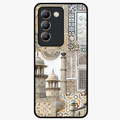 Mughal Marble Legacy Glass Case showing flat back view with intricate Mughal inspired marble pattern and glossy glass finish.