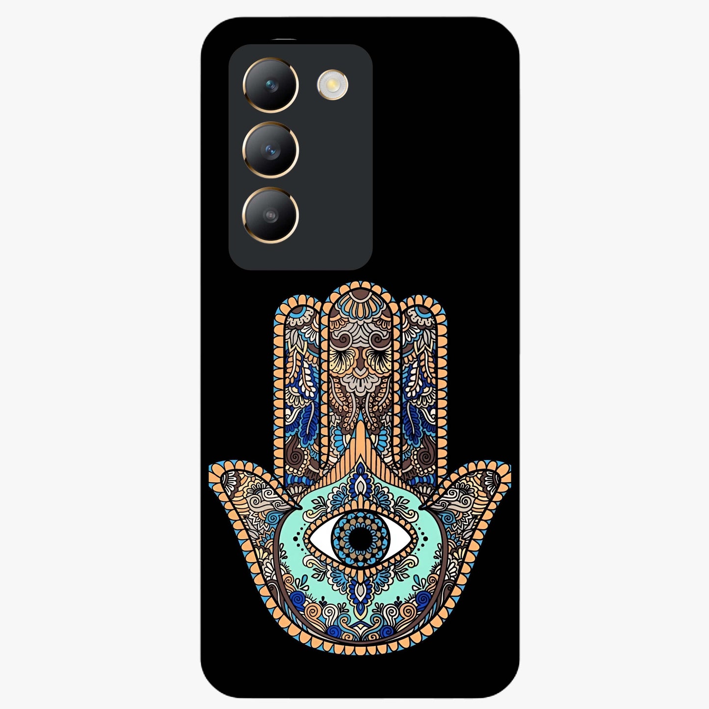 Mystic Hamsa Eye Glass Case showing flat back view with protective hamsa hand and evil eye artwork and glossy glass finish.