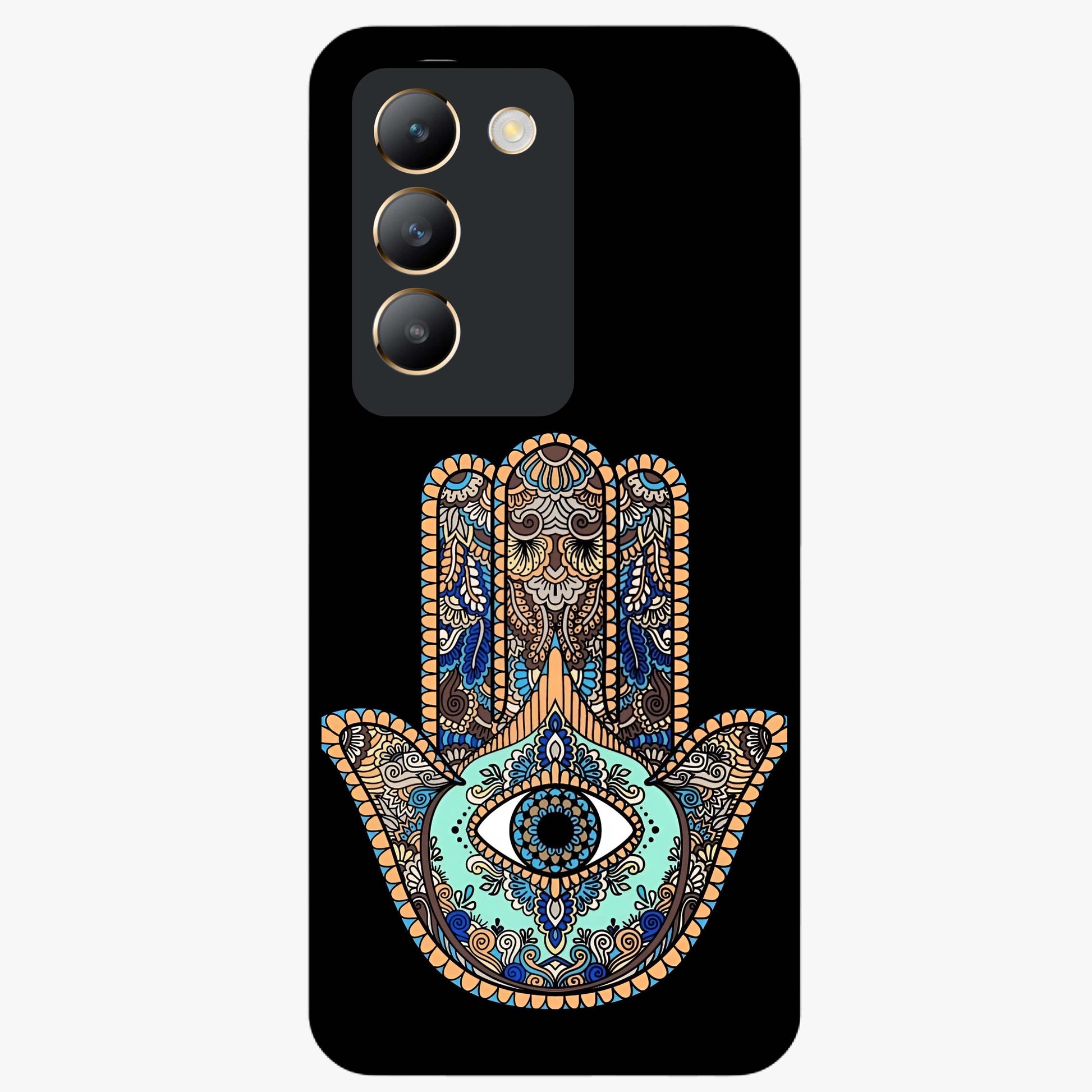 Mystic Hamsa Eye Glass Case showing flat back view with protective hamsa hand and evil eye artwork and glossy glass finish.