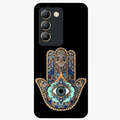 Mystic Hamsa Eye Glass Case showing flat back view with protective hamsa hand and evil eye artwork and glossy glass finish.