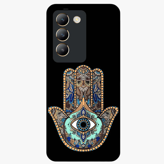 Mystic Hamsa Eye Glass Case showing flat back view with protective hamsa hand and evil eye artwork and glossy glass finish.