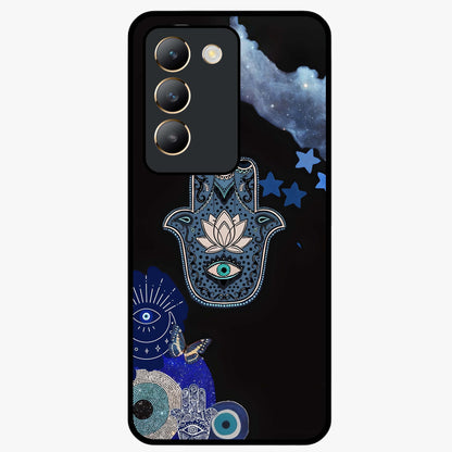 Mystic Hand Aura Glass Case showing flat back view with mystical hand symbol artwork and glossy glass finish.