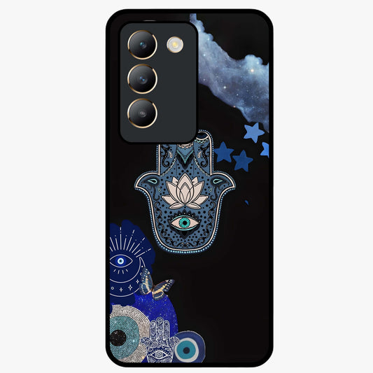 Mystic Hand Aura Glass Case showing flat back view with mystical hand symbol artwork and glossy glass finish.