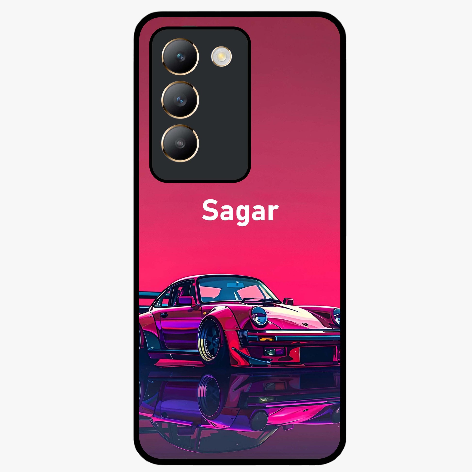 Neon Pink Porsche Glass Case showing flat back view with stylish sports car artwork and glossy glass finish.