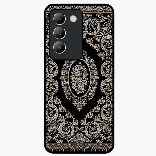 Noir Bloom Elegance Glass Case showing flat back view with elegant dark floral artwork and glossy glass finish.