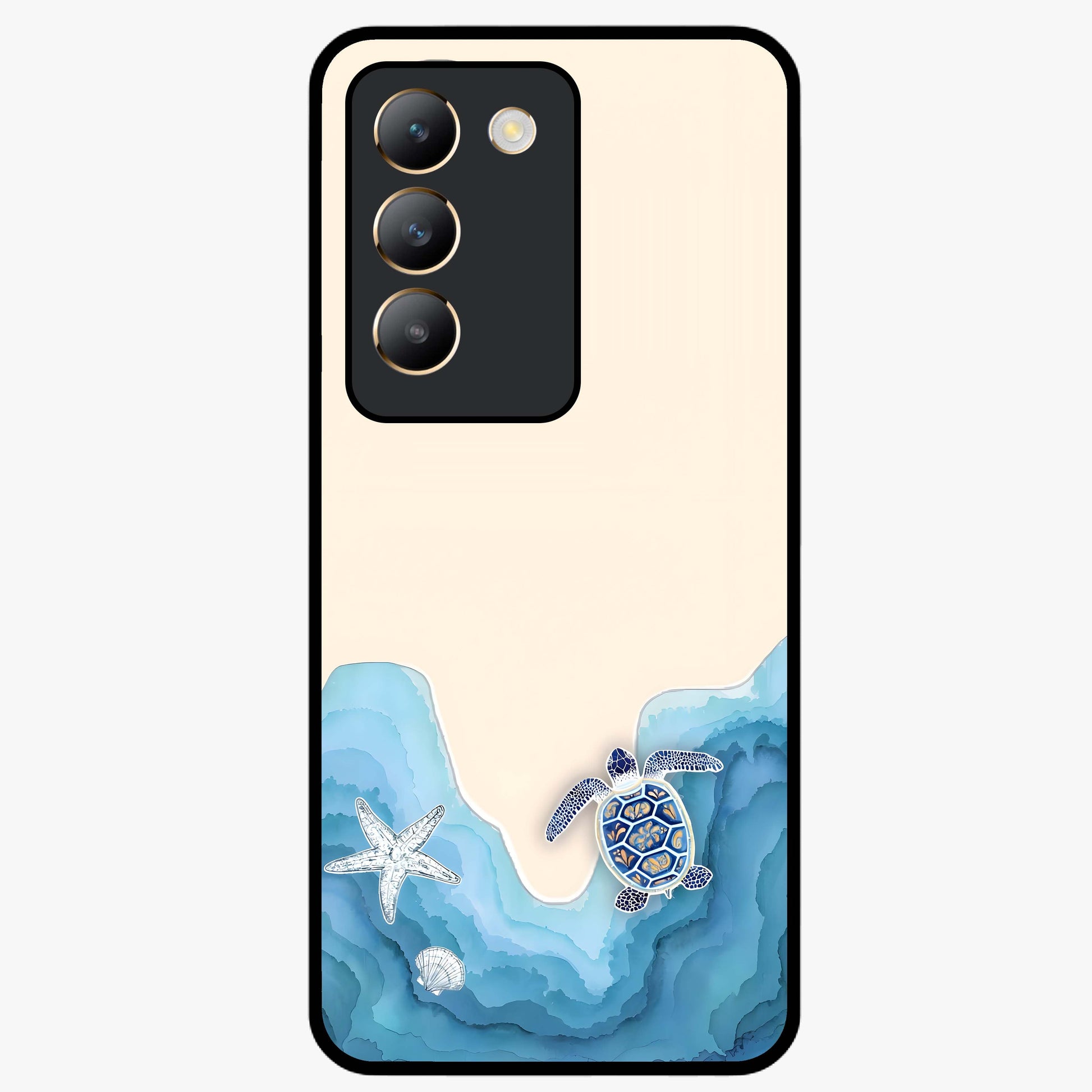 Ocean Drift Turtle Glass Case showing flat back view with sea turtle artwork and glossy glass finish.