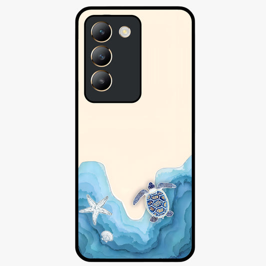 Ocean Drift Turtle Glass Case showing flat back view with sea turtle artwork and glossy glass finish.