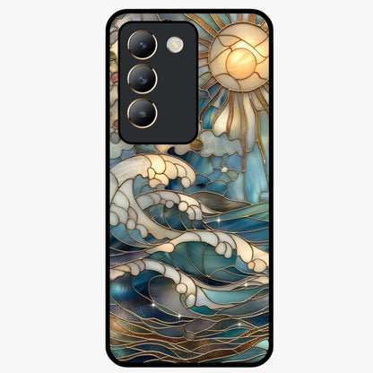 Oceanic Stained Printed Glass Case showing flat back view with ocean inspired stained pattern artwork and glossy glass finish.