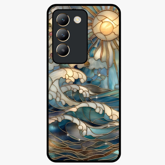 Oceanic Stained Printed Glass Case showing flat back view with ocean inspired stained pattern artwork and glossy glass finish.