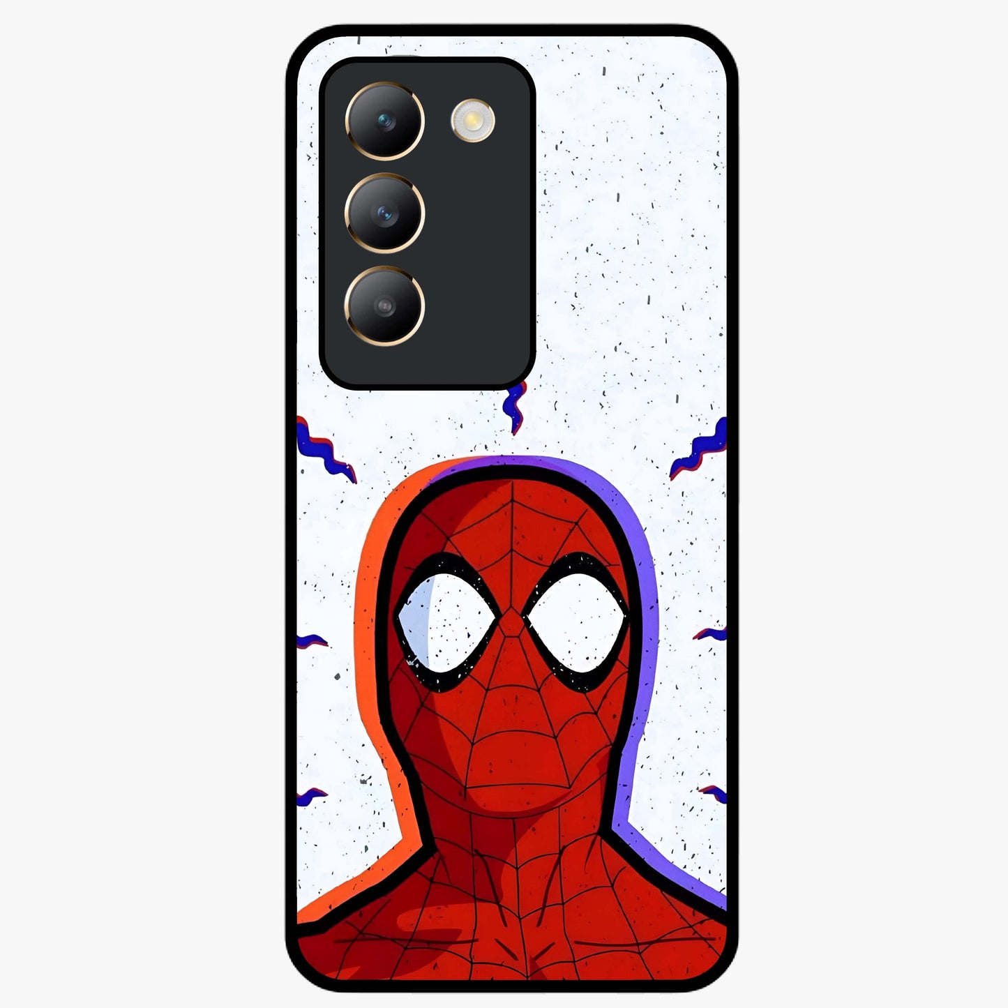 Omg Spiderman Glass Case showing flat back view with bold superhero inspired artwork and glossy glass finish.