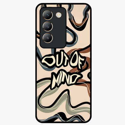 Out Of Mind Glass Case showing flat back view with expressive typography artwork and glossy glass finish.