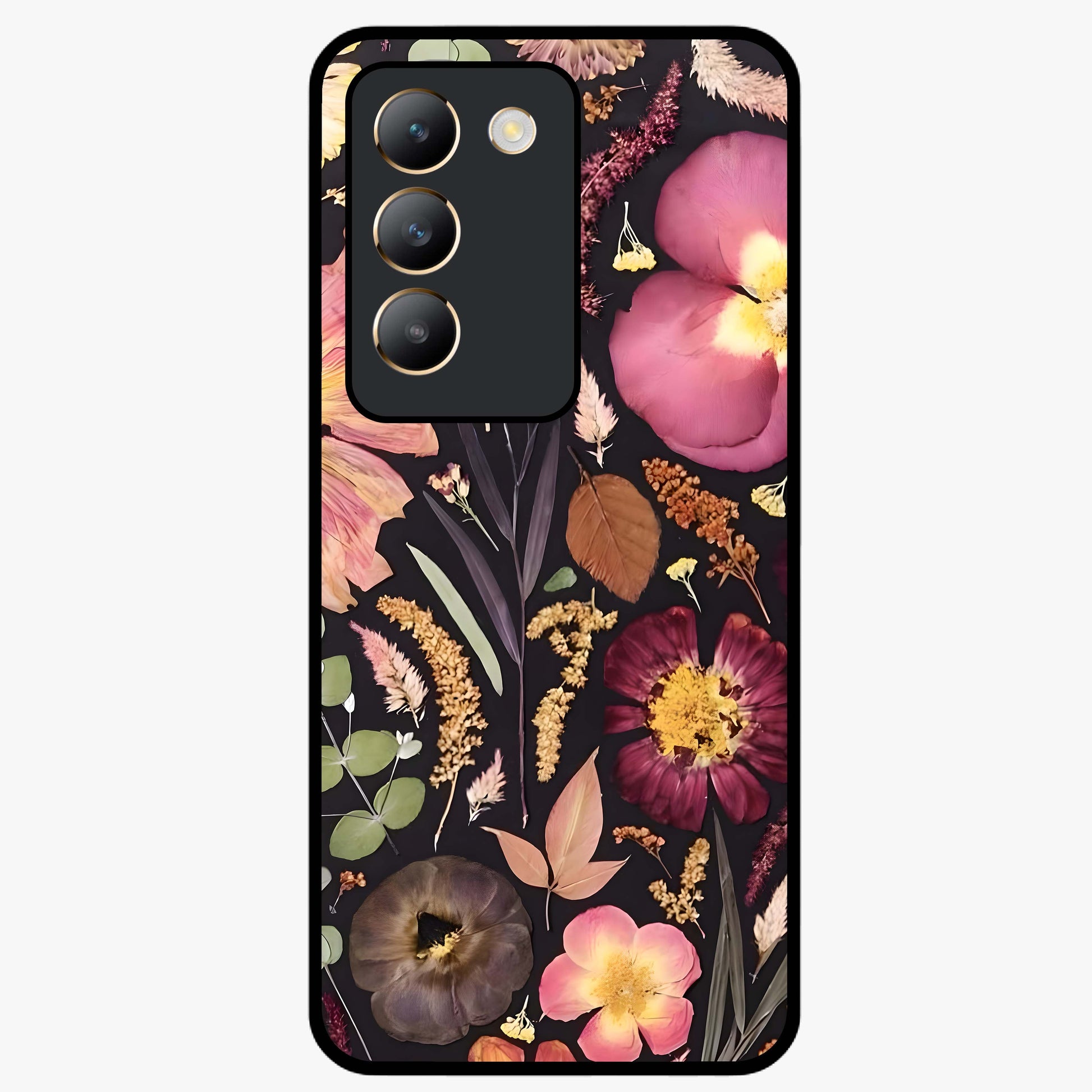 Petal Dream Tapestry Glass Case showing flat back view with intricate floral tapestry artwork and glossy glass finish.