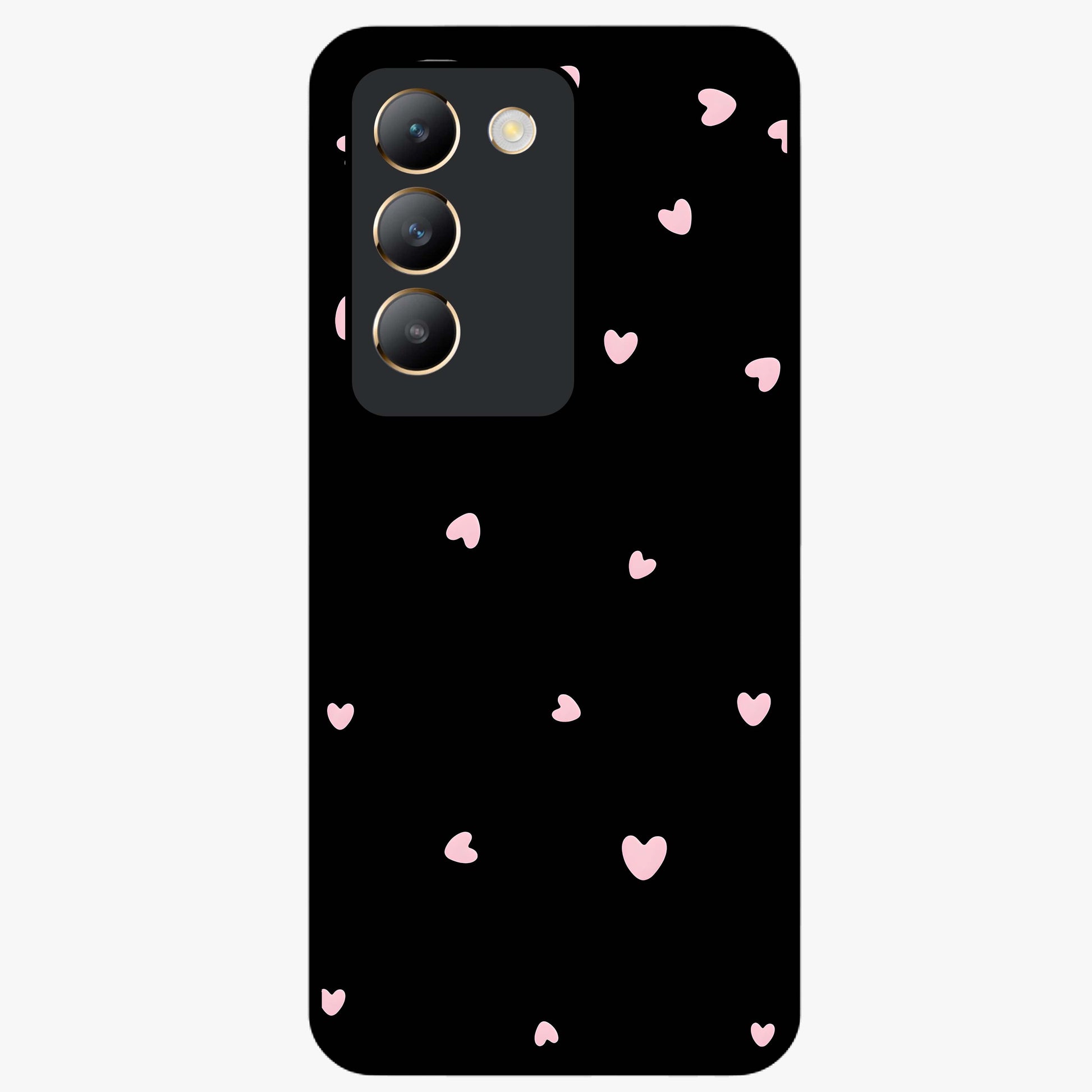 Pink Love Drops Glass Case showing flat back view with playful pink heart drops artwork and glossy glass finish.