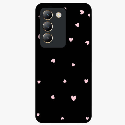 Pink Love Drops Glass Case showing flat back view with playful pink heart drops artwork and glossy glass finish.