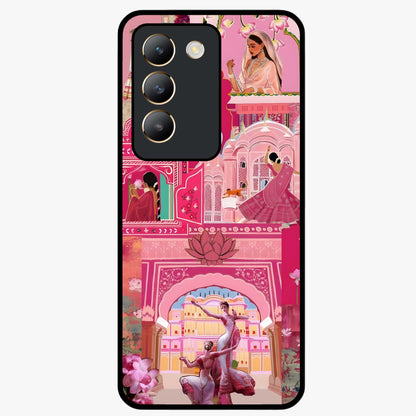 Pink Palace Muse Glass Case showing flat back view with elegant palace inspired artwork and glossy glass finish.