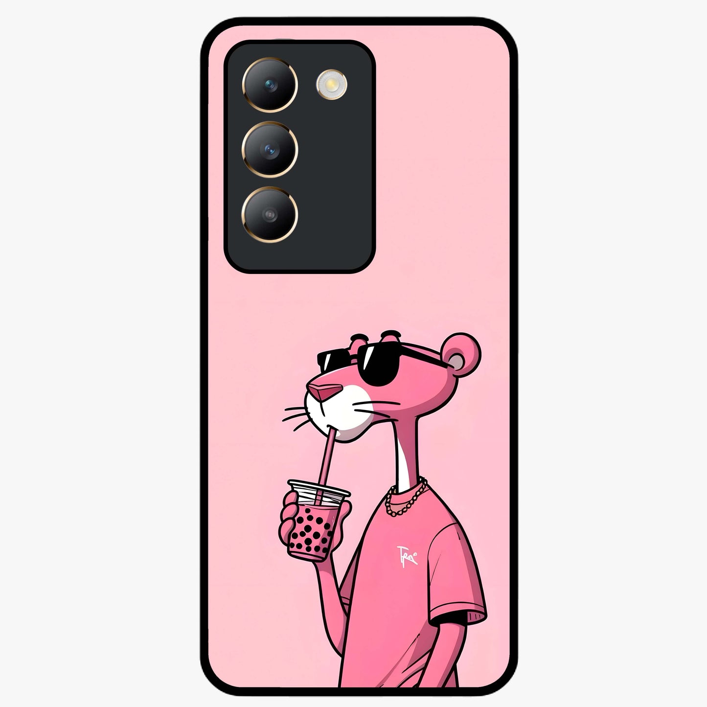 Pink Panther Glass Case showing flat back view with iconic pink panther artwork and glossy glass finish.