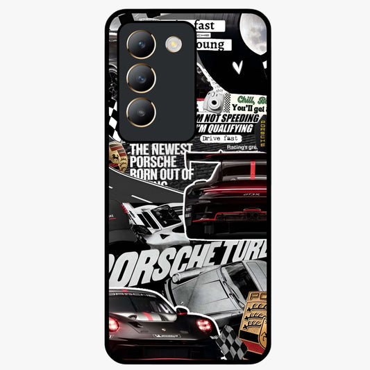 Porsche Racing Collage Glass Case showing flat back view with sports car racing collage artwork and glossy glass finish.