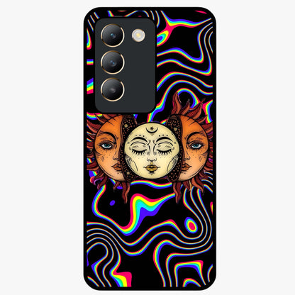 Psychedelic Sun Glass Case showing flat back view with colorful psychedelic sun artwork and glossy glass finish.