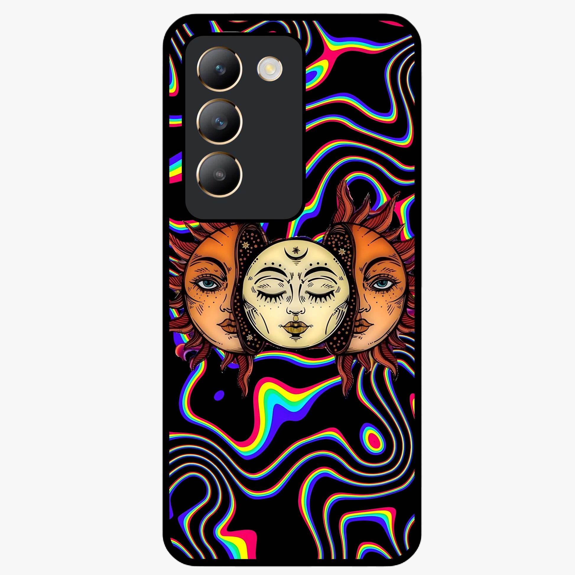 Psychedelic Sun Glass Case showing flat back view with colorful psychedelic sun artwork and glossy glass finish.