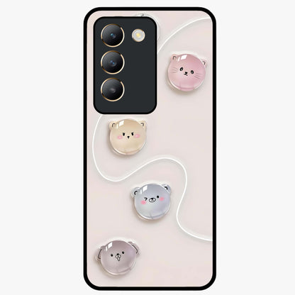Puffy Face Parade Glass Case showing flat back view with cute puffy character faces artwork and glossy glass finish.