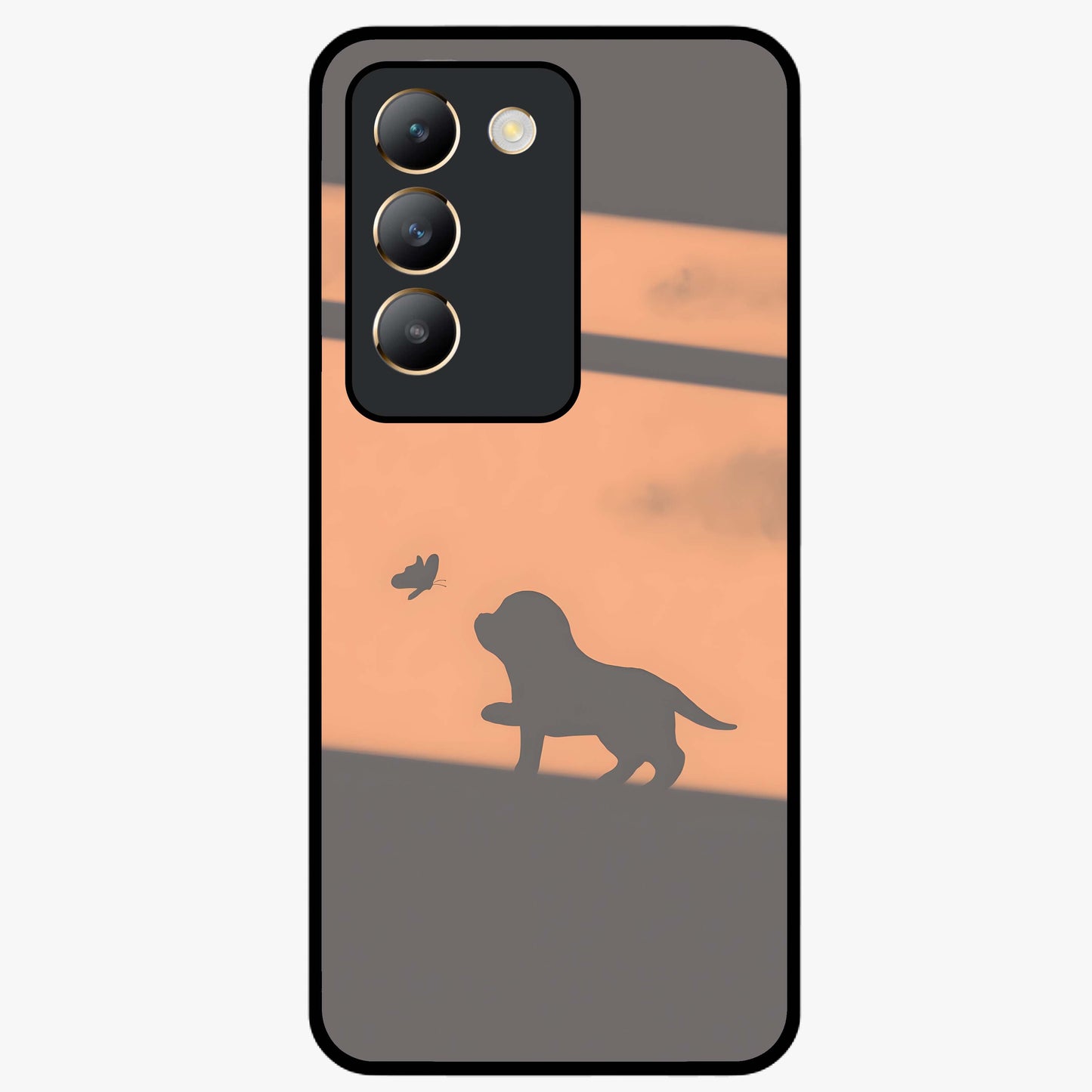 Puppy Shadow Art Glass Case showing flat back view with cute puppy shadow style artwork and glossy glass finish.
