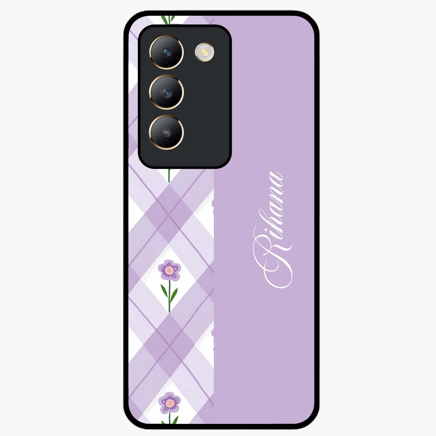 Purple Diamond Floral Glass Case showing flat back view with diamond shaped floral artwork and glossy glass finish.