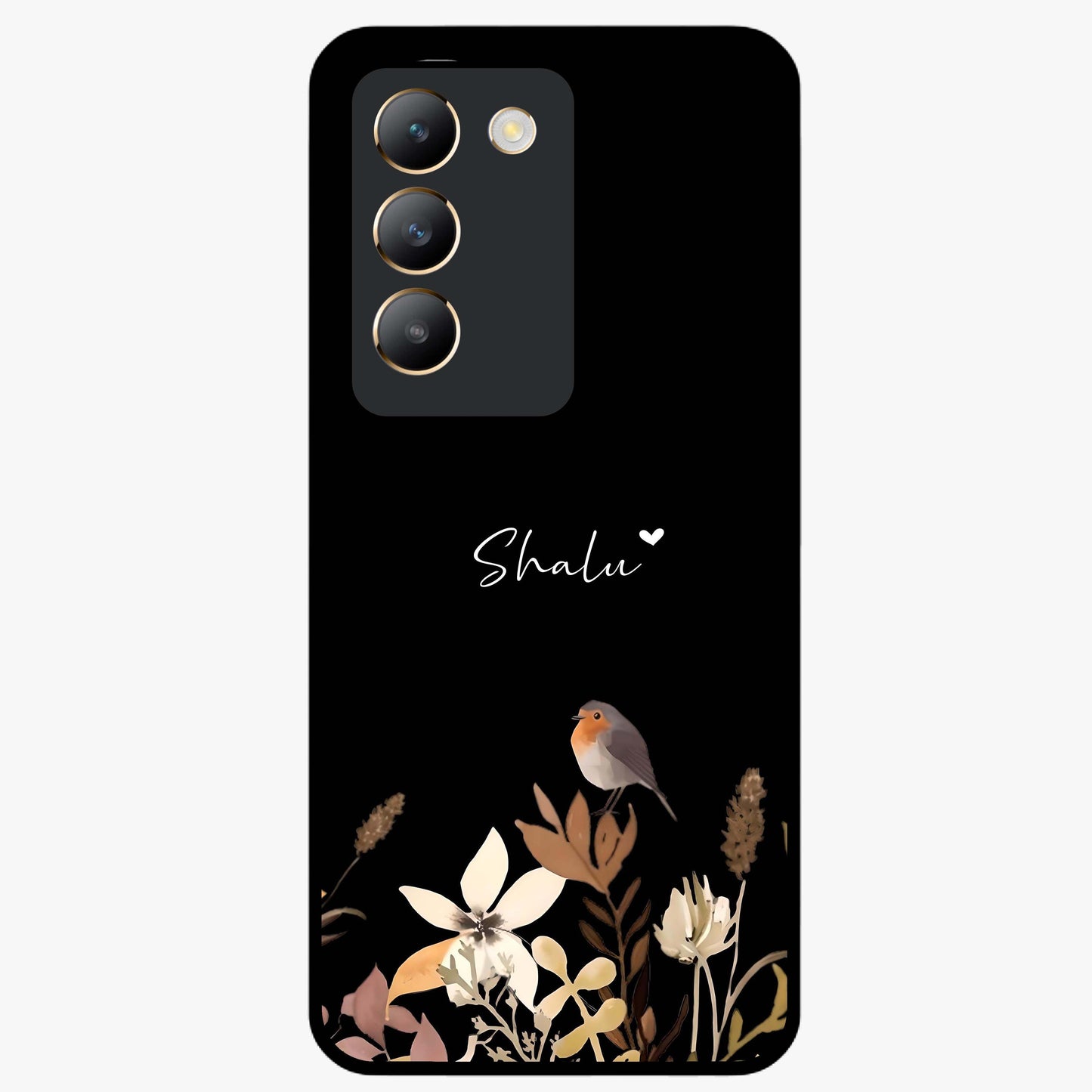 Quiet Garden Tune Custom Name Glass Case showing flat back view with peaceful garden artwork and personalized name design.
