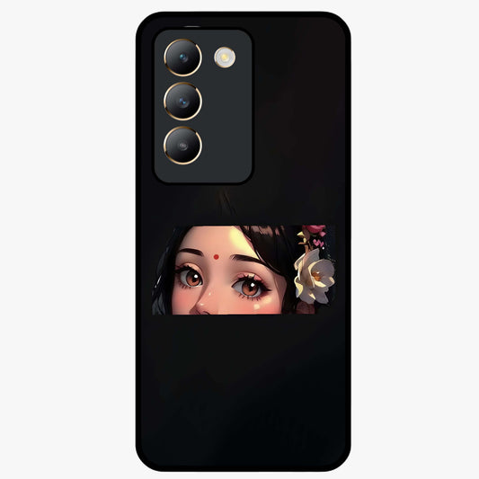 Radha Divine Embrace Glass Case showing flat back view with devotional Radha artwork and glossy glass finish.