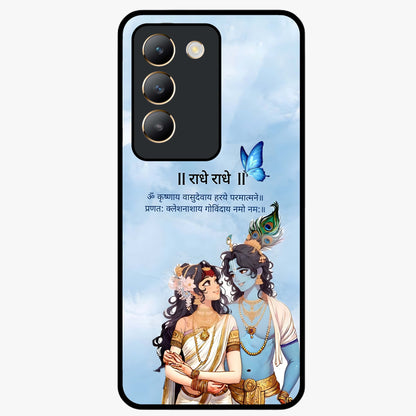 Radha Krishna Eternal Glass Case showing flat back view with Radha Krishna devotional artwork and glossy glass finish.