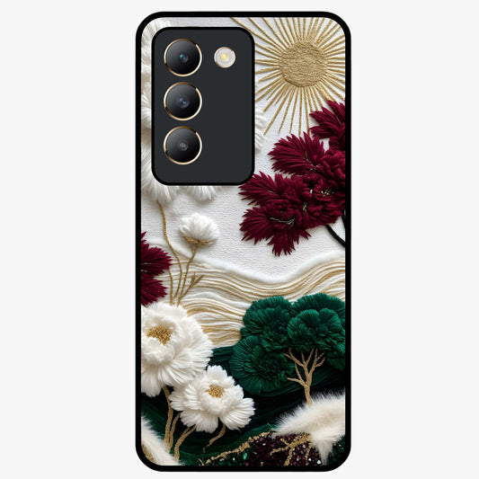 Radiant Bloom Elegance Glass Case showing flat back view with elegant blooming flower artwork and glossy glass finish.