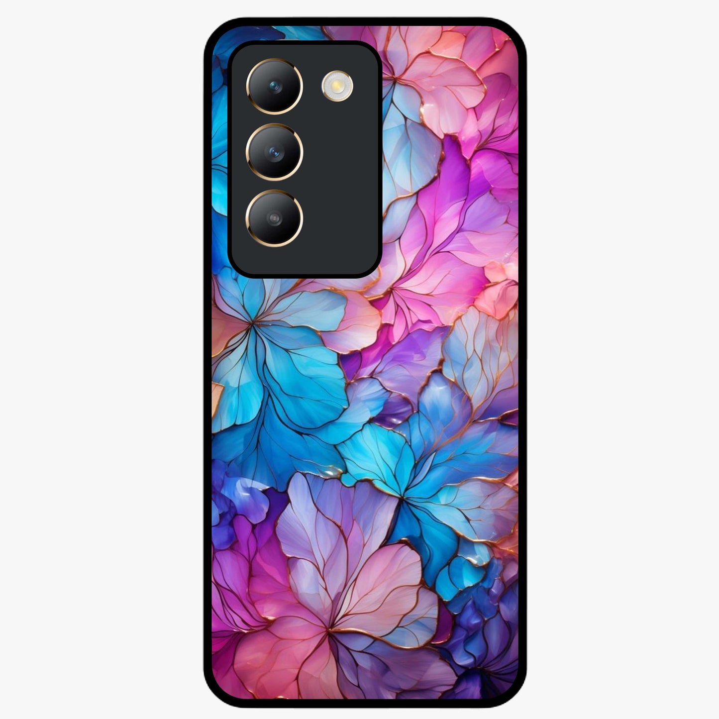 Radiant Floral Whirl Glass Case showing flat back view with swirling floral artwork and glossy glass finish.