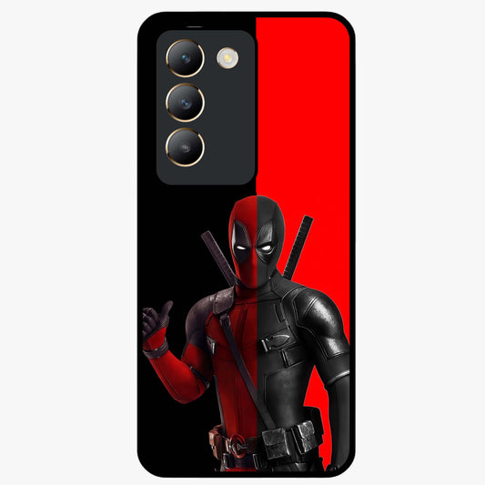 Red & Black Deadpool Theme Glass Case showing flat back view with bold comic inspired artwork and glossy glass finish.